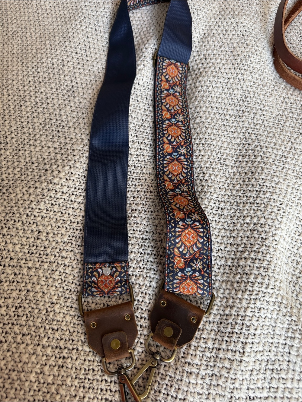 Floral Navy & Orange guitar style bag strap with Leather Trim - Picture 3 of 3